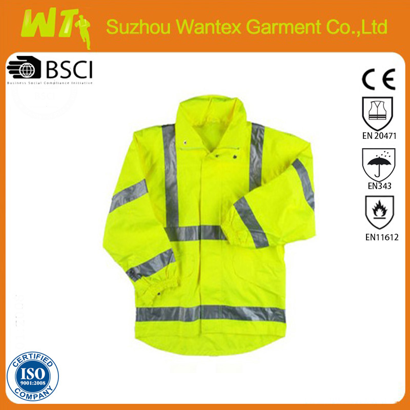 EN20471 EN343 Fluorescent Hi vis yellow rain jackets