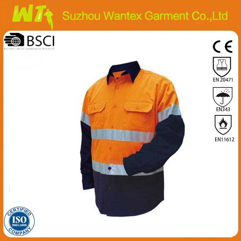 Long Sleeve Hi Vis Safety Cotton Drill Shirts with Reflective Tape