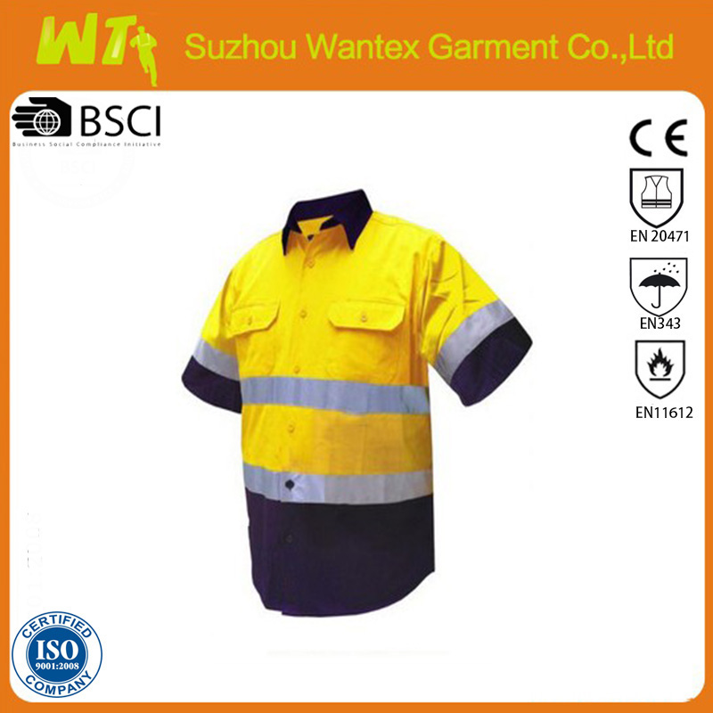 Short Sleeve Hi Vis Safety Cotton Drill Shirts with Reflective Tape